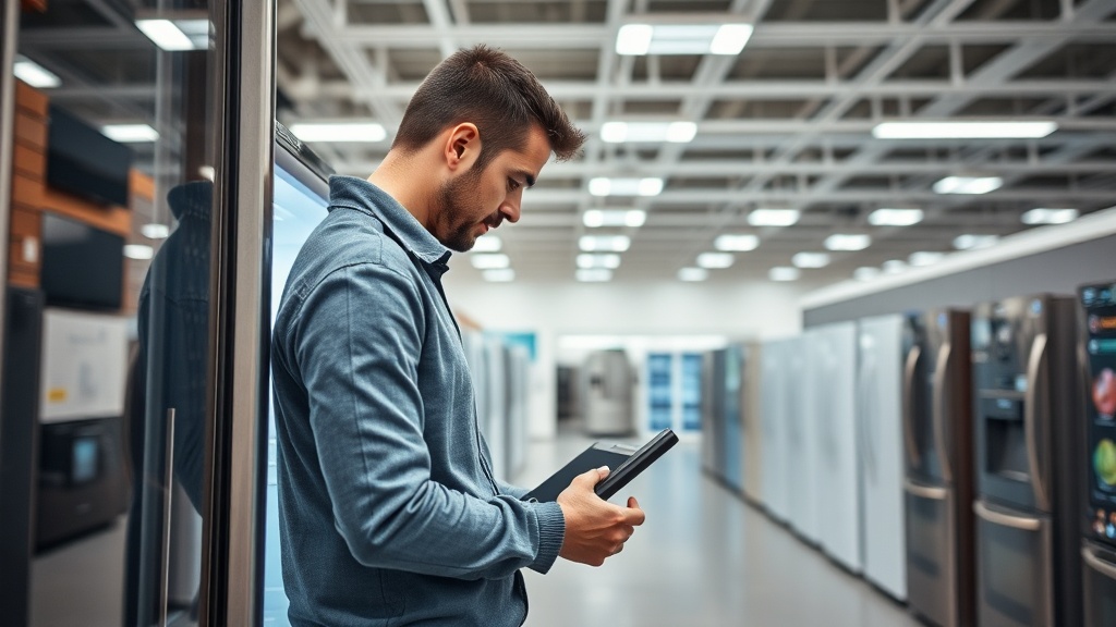 다양한 가전제품이 진열된 대형 매장에서 소비자가 제품을 살펴보고 있는 장면